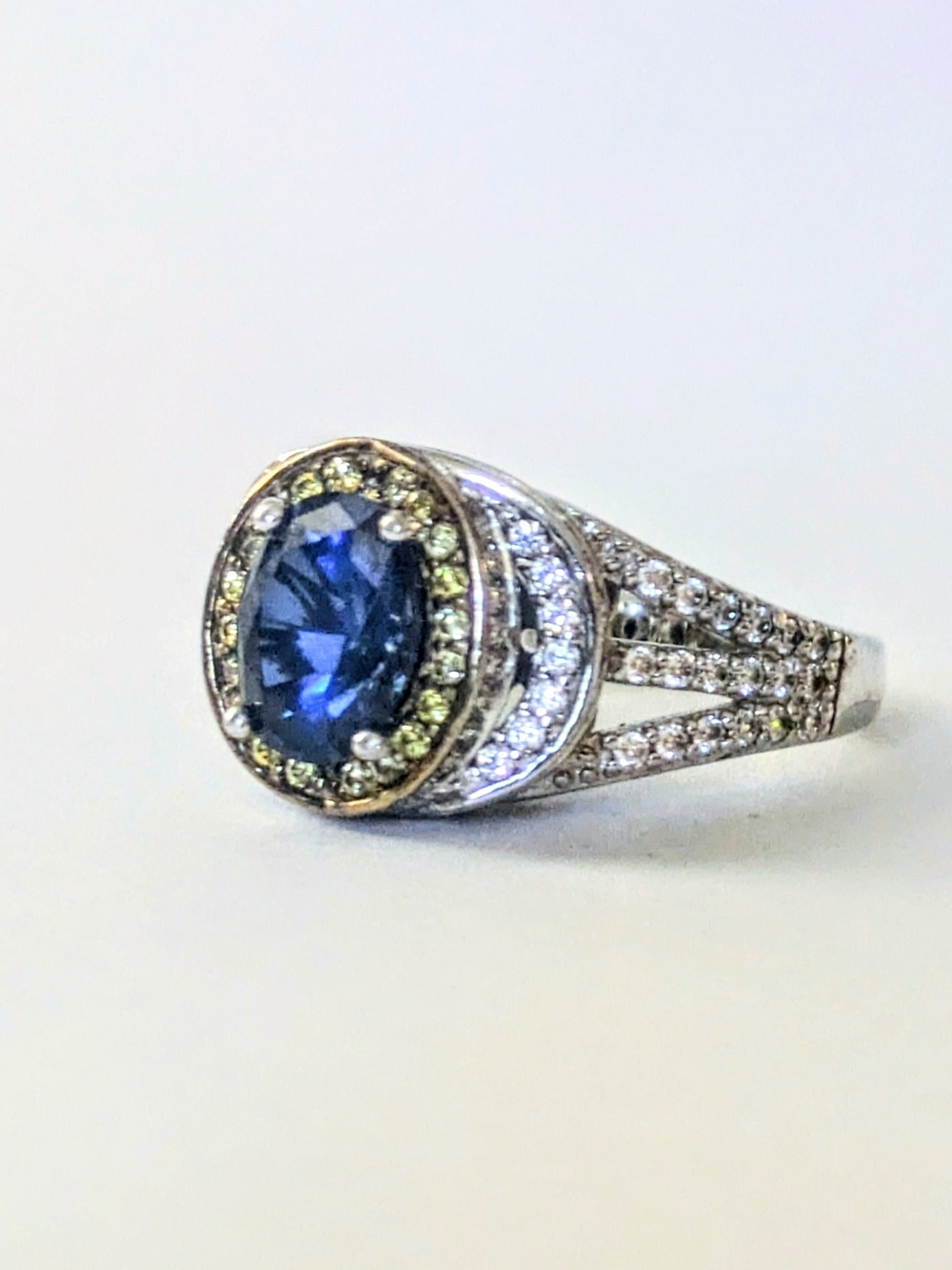 Sterling Silver  Lab-Created 2Ct Blue Sapphire & CZ Halo Band 925 Ring Size 7
